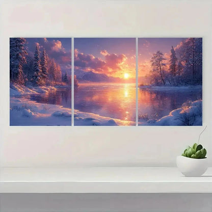 3pcs Serene Frozen Lake & Snowy Forest Metal Print Ready to Hang Art - Bella Home Decor