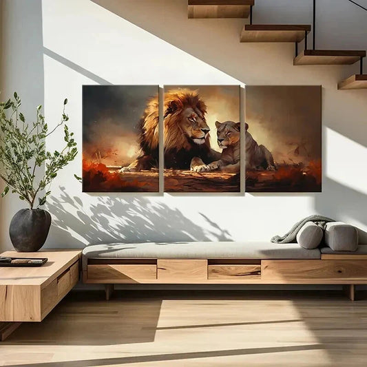 3pcs Vintage Animal Art Lion Couple Watercolor Wall Art Set Canvas Framed 40x60cm - High Quality Print 100% Australian Made Wall Canvas Ready to Hang