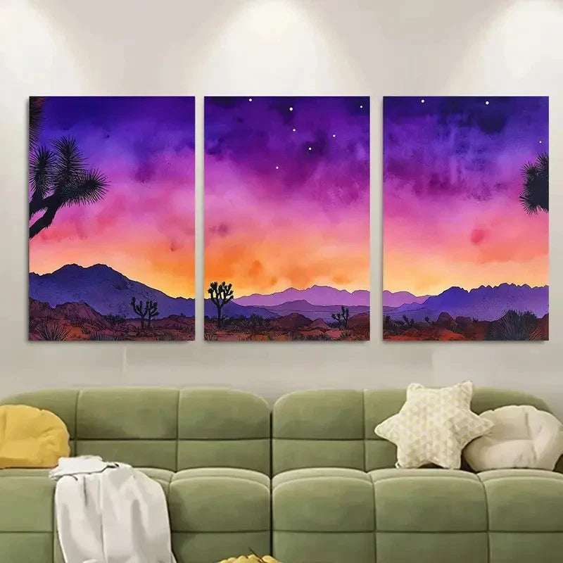 3pcs Purple Sky & Cacti Silhouettes Metal Print Ready to Hang Art