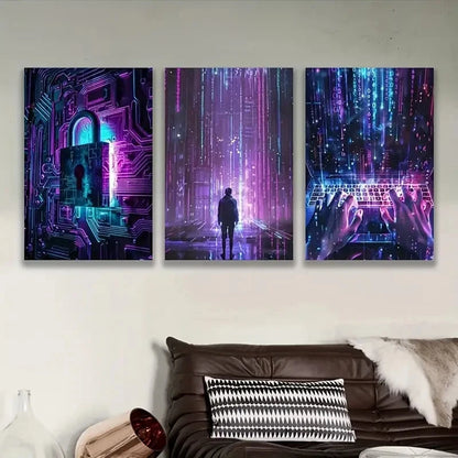 3pcs Neon Lit Cyberpunk Artwork Wall Art Set Canvas Framed 60x90cm - High Quality Print 100% Australian Made Wall Canvas Ready to Hang