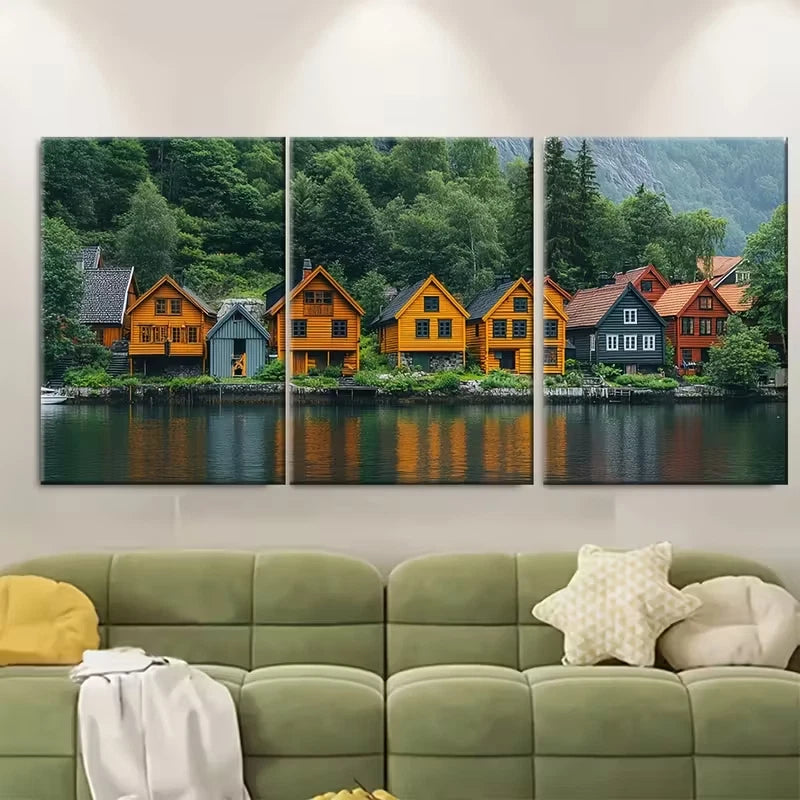 3pcs Bergen Wooden Houses Metal Print Ready to Hang Art - Bella Home Decor