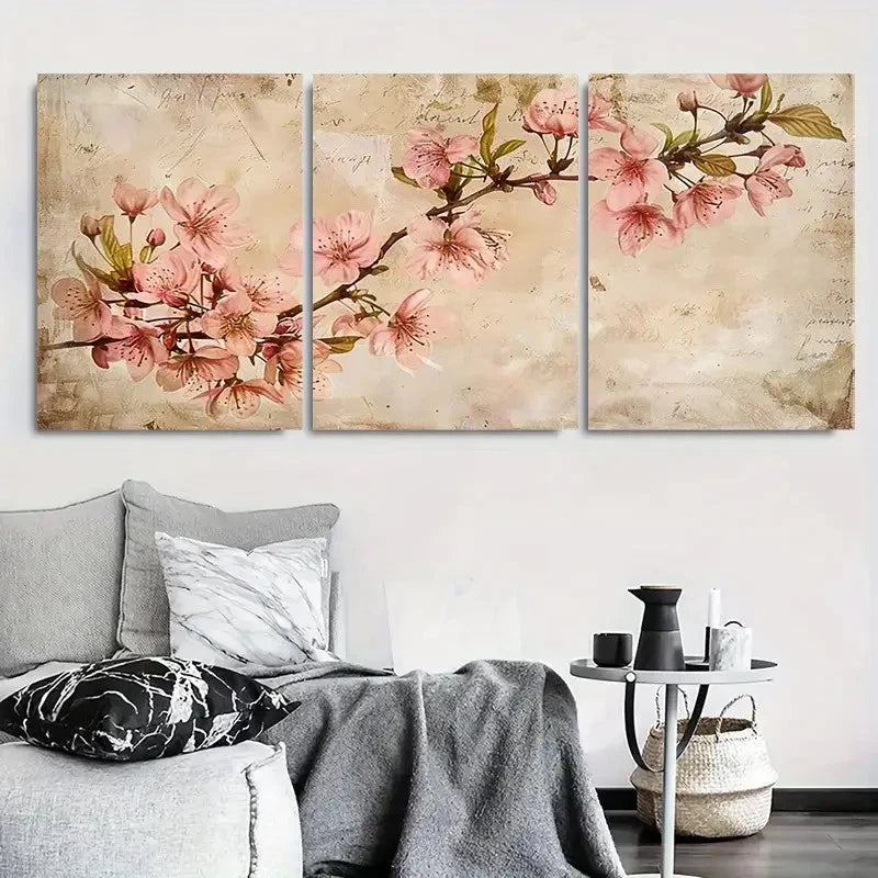 3pcs Cherry Blossom Branch Vintage Metal Print Ready to Hang Art - Bella Home Decor
