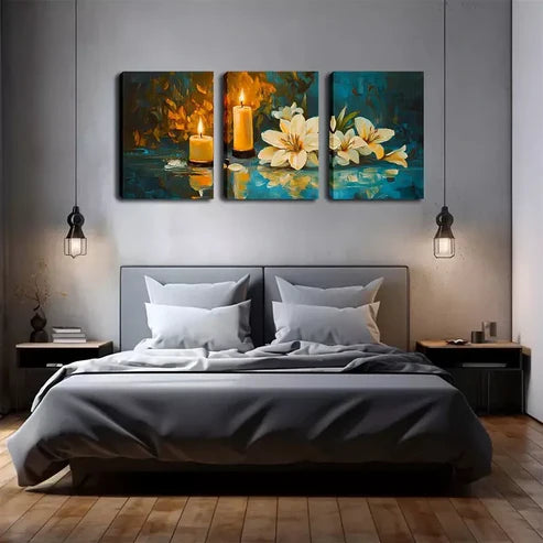 3pcs Warm Flowers And Candles Wall Art Canvas Unframed - High Quality Print 100% Australian Made Wall Canvas