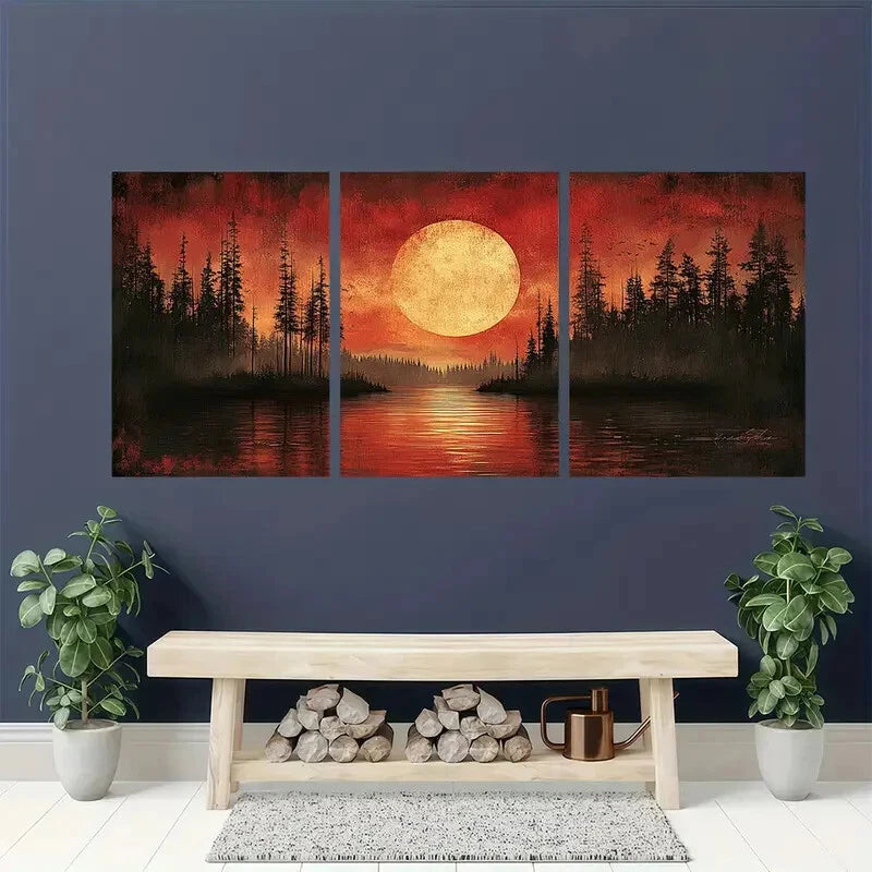 3pcs Vibrant Red Sunset with Pine Trees Lake Scene Metal Print Ready to Hang Art - Bella Home Decor
