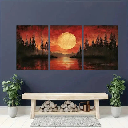 3pcs Vibrant Red Sunset with Pine Trees Lake Scene Metal Print Ready to Hang Art - Bella Home Decor