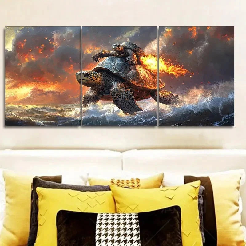 3pcs Two Turtles Ride The Fiery Waves  Wall Art Set Canvas Framed 40x60cm - High Quality Print 100% Australian Made Wall Canvas Ready to Hang