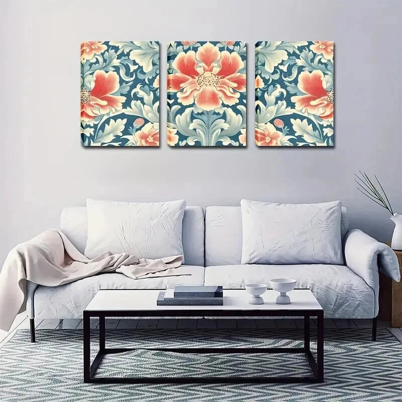 3pcs Pink Flowers With Blue Leaves Perfect Wall Art Set Canvas Framed 40x60cm - High Quality Print 100% Australian Made Wall Canvas Ready to Hang - Bella Home Decor