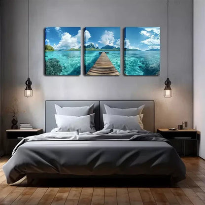 3pcs Serene Wooden Bridge & Turquoise Ocean Scene Wall Art Canvas Unframed - High Quality Print 100% Australian Made Wall Canvas