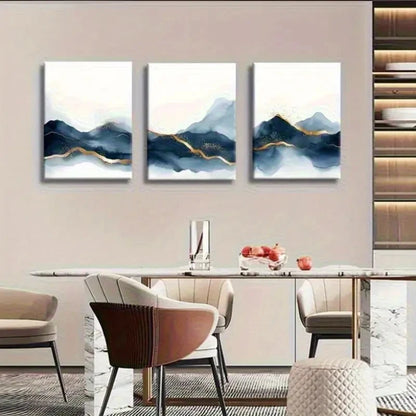 3pcs Blue Watercolor Peaks & Misty Horizon Metal Print Ready to Hang Art - Bella Home Decor