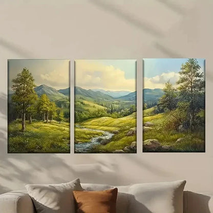3pcs Mountain Scene with a Stream Wall Art Canvas Unframed - High Quality Print 100% Australian Made Wall Canvas