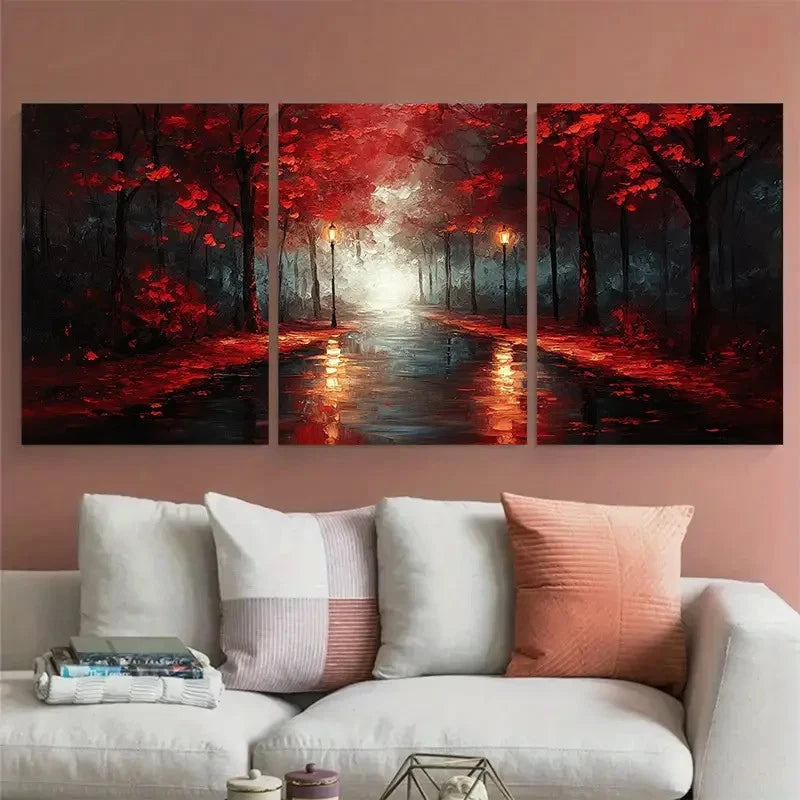 3pcs Night Street Walk with lamps Illustration Wall Art Set Canvas Framed 40x60cm - High Quality Print 100% Australian Made Wall Canvas Ready to Hang - Bella Home Decor