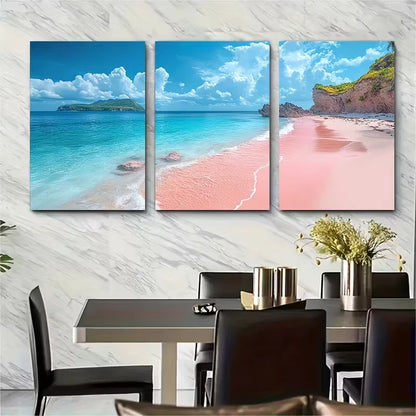 3pcs Pink Blue Rocky Beach Metal Print Ready to Hang Art