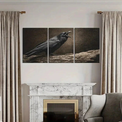 3pcs Artistic Black Crow Perched On Tree Branch Metal Print Ready to Hang Art - Bella Home Decor