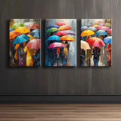 3pcs Vibrant Umbrella Rainy Day Scene Metal Print Ready to Hang Art