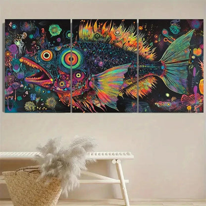 3pcs Psychedelic black fish Wall Art Set Canvas Framed 60x90cm - High Quality Print 100% Australian Made Wall Canvas Ready to Hang