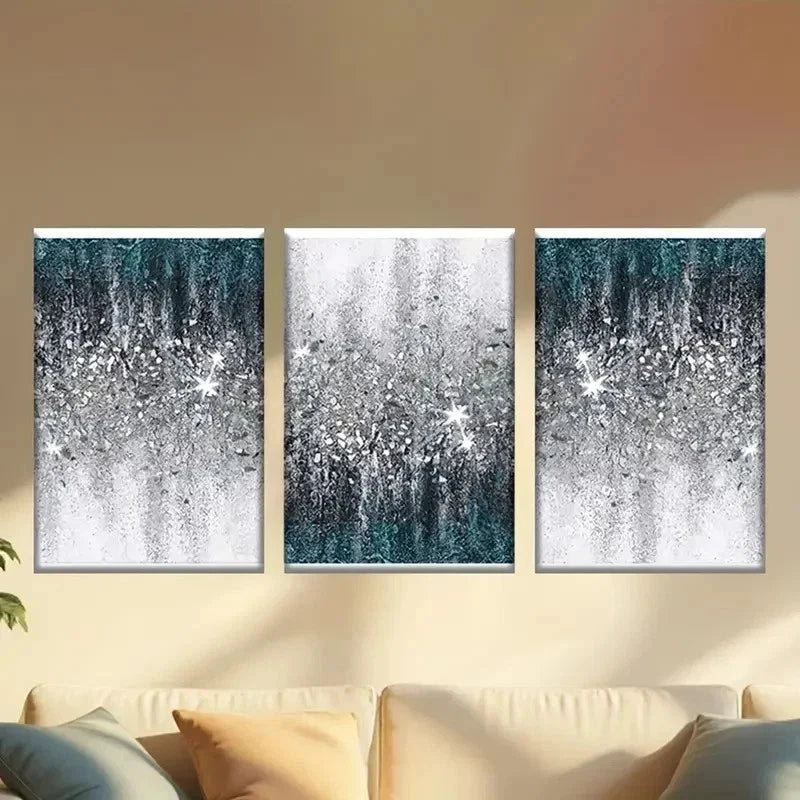 3pcs White And Blue Wallpaper with Silver Glit Wall Art Set Canvas Framed 40x60cm - High Quality Print 100% Australian Made Wall Canvas Ready to Hang
