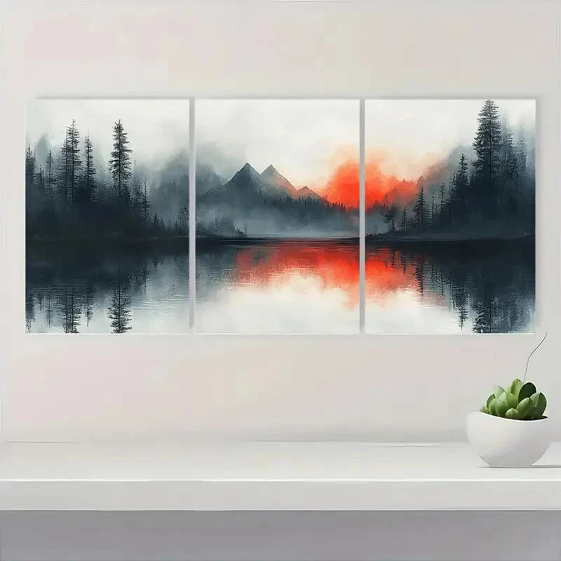 3pcs Watercolor Mountain & Forest Scenery Metal Print Ready to Hang Art - Bella Home Decor