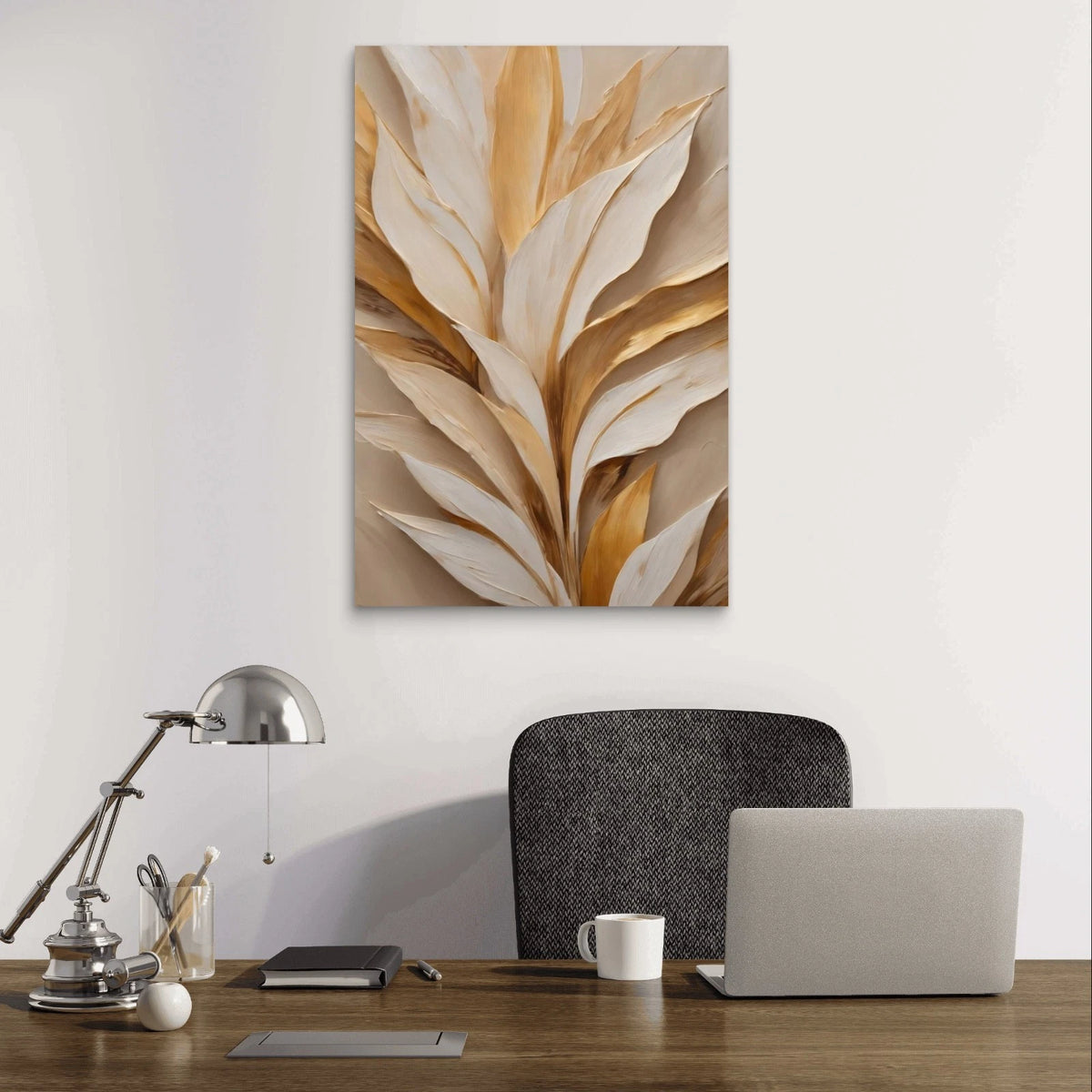 Modern Textured Gold and Neutral Leaves 40x60cm Metal Print Ready to Hang