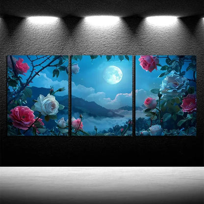 3pcs Beautiful Roses and Moon Night Design Metal Print Ready to Hang Art - Bella Home Decor