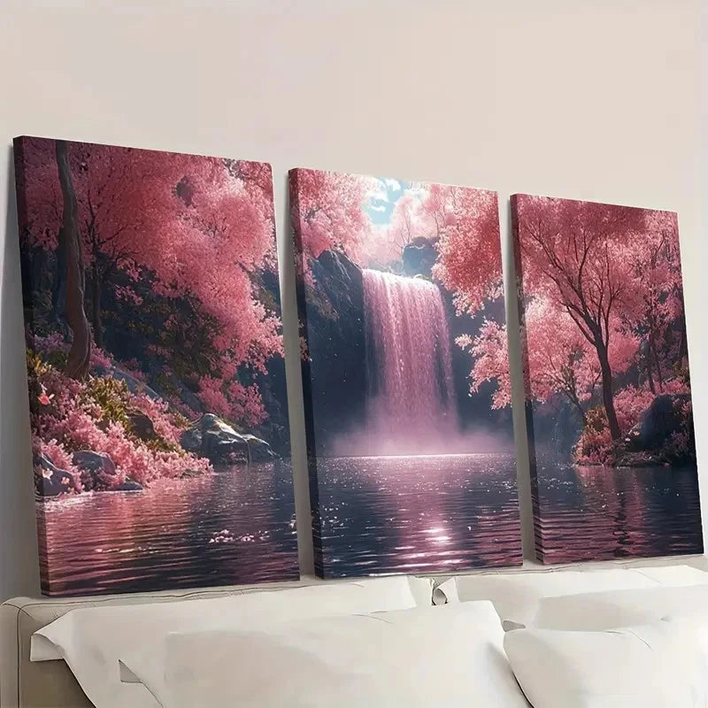 3pcs Pink Waterfall   Waterfall & Lush TY  Wall Art Set Canvas Framed 60x90cm - High Quality Print 100% Australian Made Wall Canvas Ready to Hang