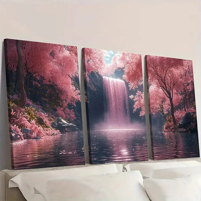 3pcs Pink Waterfall   Waterfall & Lush TY  Wall Art Set Canvas Framed 60x90cm - High Quality Print 100% Australian Made Wall Canvas Ready to Hang