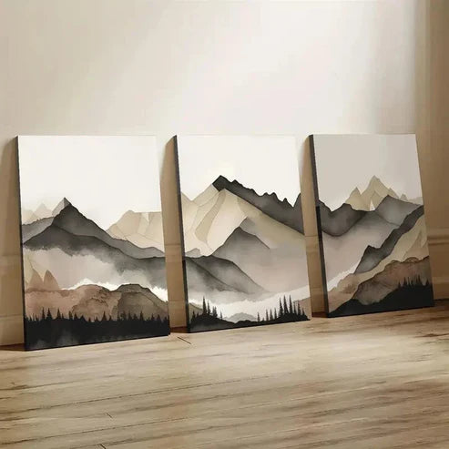 3pcs Beige and Gray Mountain Wall Art Set Canvas Unframed - High Quality Print 100% Australian Made Wall Canvas - Bella Home Decor
