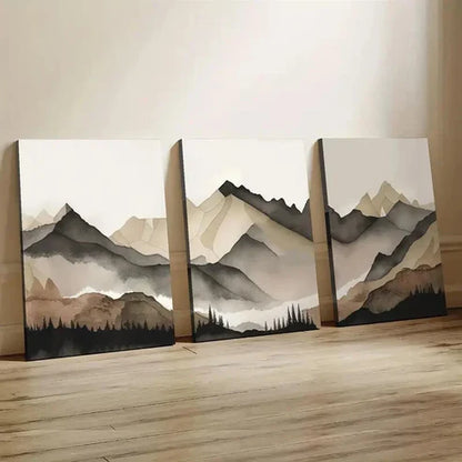 3pcs Beige and Gray Mountain Wall Art Set Canvas Unframed - High Quality Print 100% Australian Made Wall Canvas - Bella Home Decor