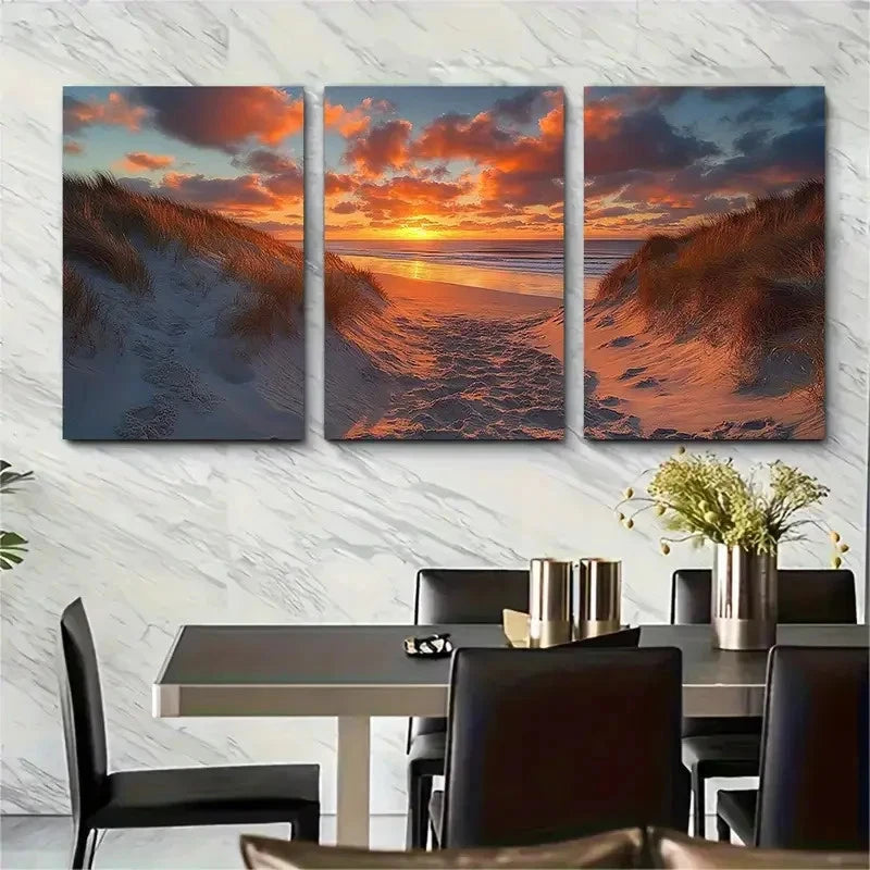 3pcs Crantock Beach Sunset Sand Dunes Wall Art Set Canvas Framed 60x90cm - High Quality Print 100% Australian Made Wall Canvas Ready to Hang - Bella Home Decor