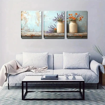3pcs White Pots Lavender & Orange Flower Perfect Wall Art Set Canvas Framed 50x70cm - High Quality Print 100% Australian Made Wall Canvas Ready to Hang - Bella Home Decor