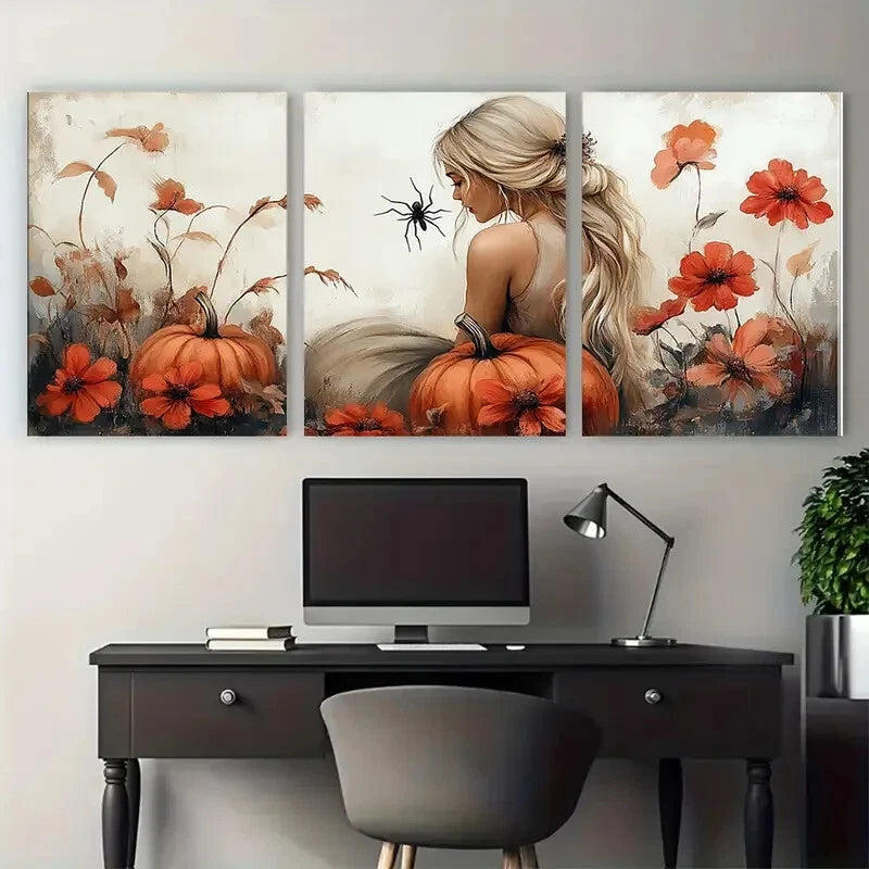 3pcs Autumn Floral Pumpkin Spider Women Metal Print Ready to Hang Art - Bella Home Decor