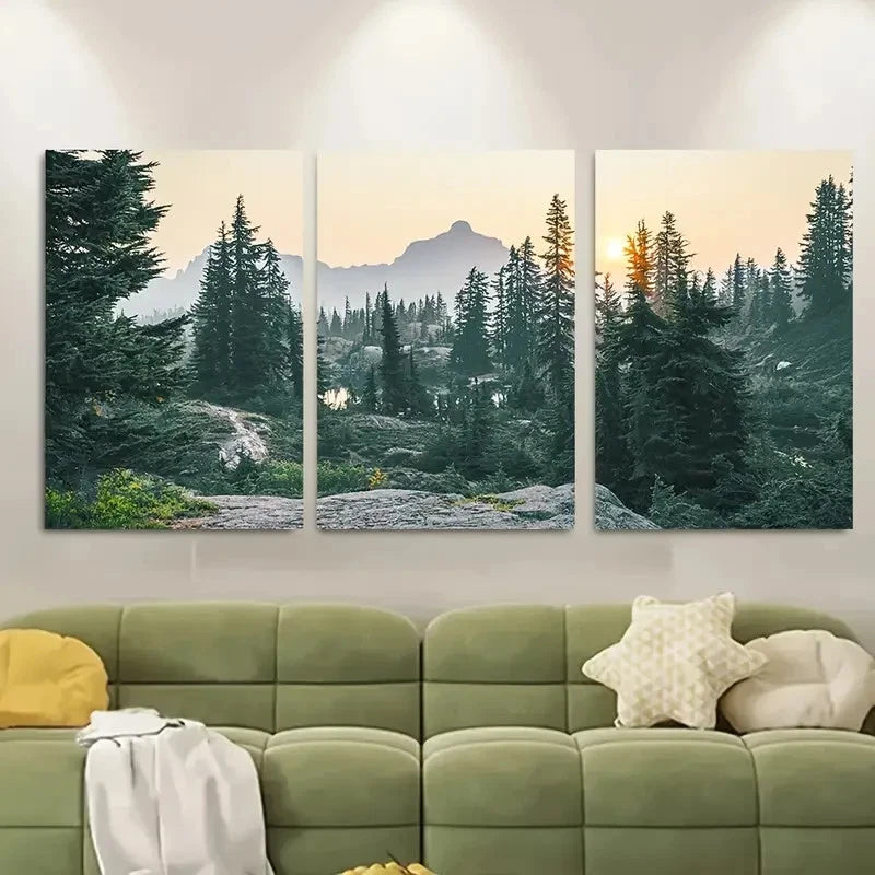 3pcs Scenic Sunset View with Pine Trees Metal Print Ready to Hang Art