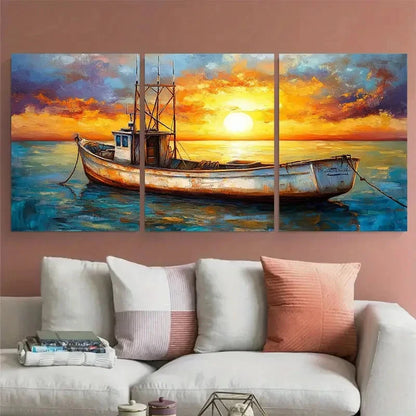 3pcs Vintage Fishing Boat Seaside Coastal Design Wall Art Set Canvas Framed 60x90cm - High Quality Print 100% Australian Made Wall Canvas Ready to Hang