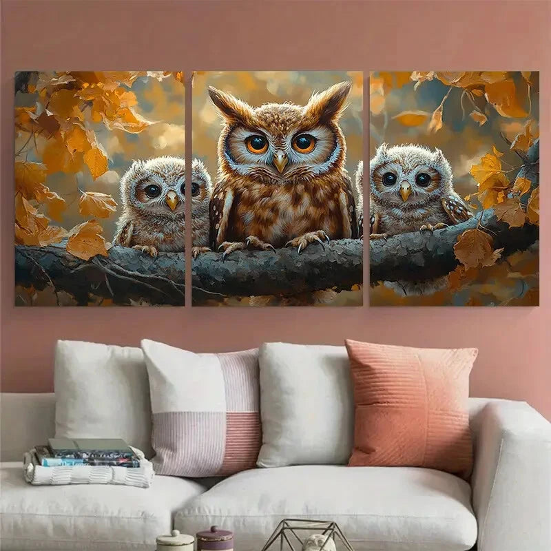 3pcs Adorable Baby Owl Family On Branch Metal Print Ready to Hang Art - Bella Home Decor