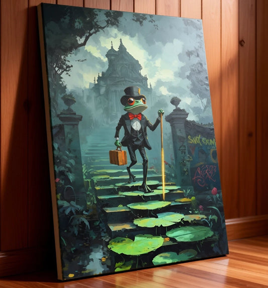 Whimsical Gentleman Frog With Cane Cartoon 40x60cm Metal Print Ready to Hang