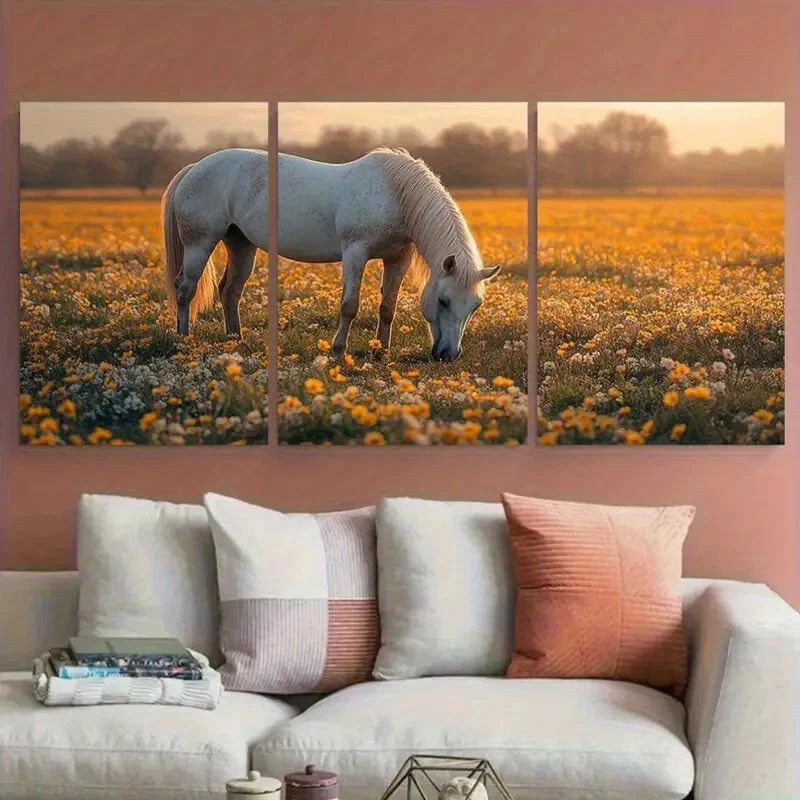 3pcs White Brown Horses Grazing in Spring Meadow Metal Print Ready to Hang Art - Bella Home Decor