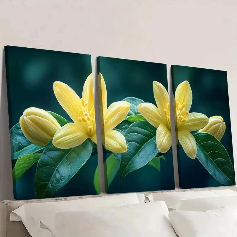 3pcs Vibrant Yellow Flowers & Green Leaves K  Wall Art Set Canvas Framed 60x90cm - High Quality Print 100% Australian Made Wall Canvas Ready to Hang