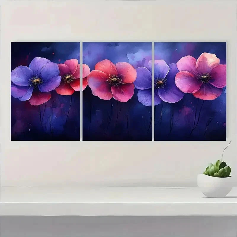 3pcs Vibrant Purple & Pink Floral Abstract Metal Print Ready to Hang Art - Bella Home Decor