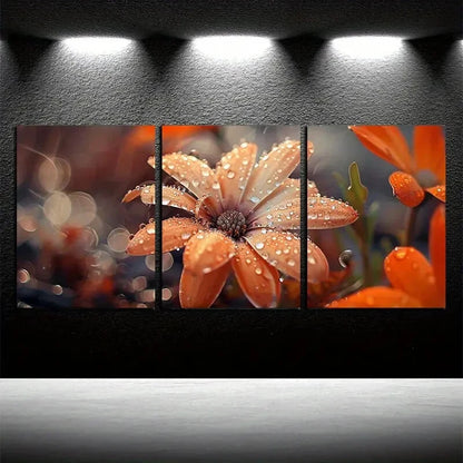 3pcs Charming Blooming Flowers with Water Droplets Metal Print Ready to Hang Art - Bella Home Decor