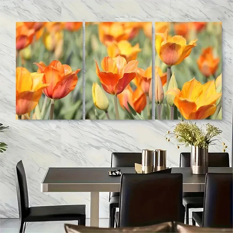 3pcs Spring Tulips Field Of Blooming Flower Metal Print Ready to Hang Art