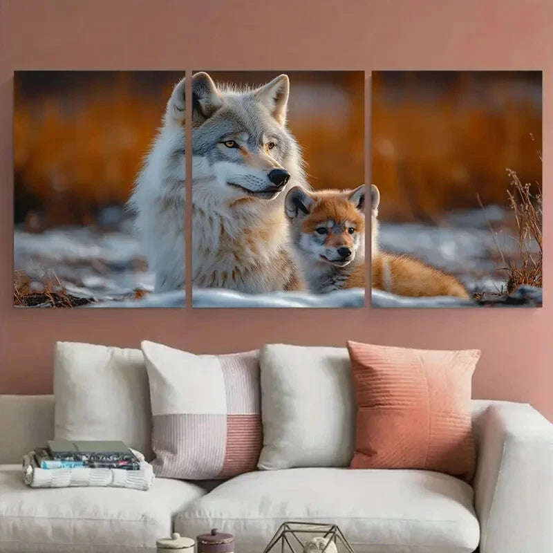 3pcs Arctic Wolf Mother & Pup Wildlife Photography Metal Print Ready to Hang Art - Bella Home Decor