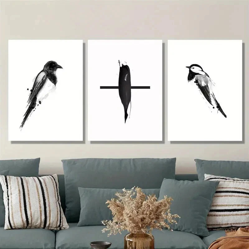 3pcs Black and White Magpie Chinese Pen Bird, Metal Print Ready to Hang Art - Bella Home Decor