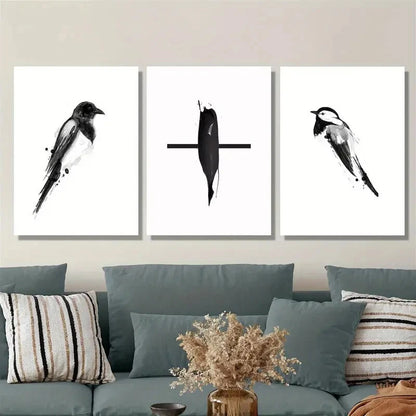 3pcs Black and White Magpie Chinese Pen Bird, Metal Print Ready to Hang Art - Bella Home Decor