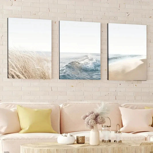 3pcs Abstract Geometric Beach Scenery Neutral Wall Art Set Canvas Framed 40x60cm - High Quality Print 100% Australian Made Wall Canvas Ready to Hang
