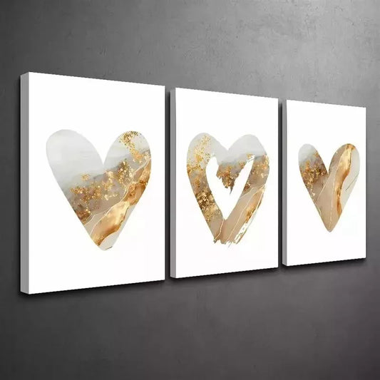 3pcs Love Heart In Speckles Of Gold Wall Art Set Canvas Framed 50x70cm - High Quality Print 100% Australian Made Wall Canvas Ready to Hang