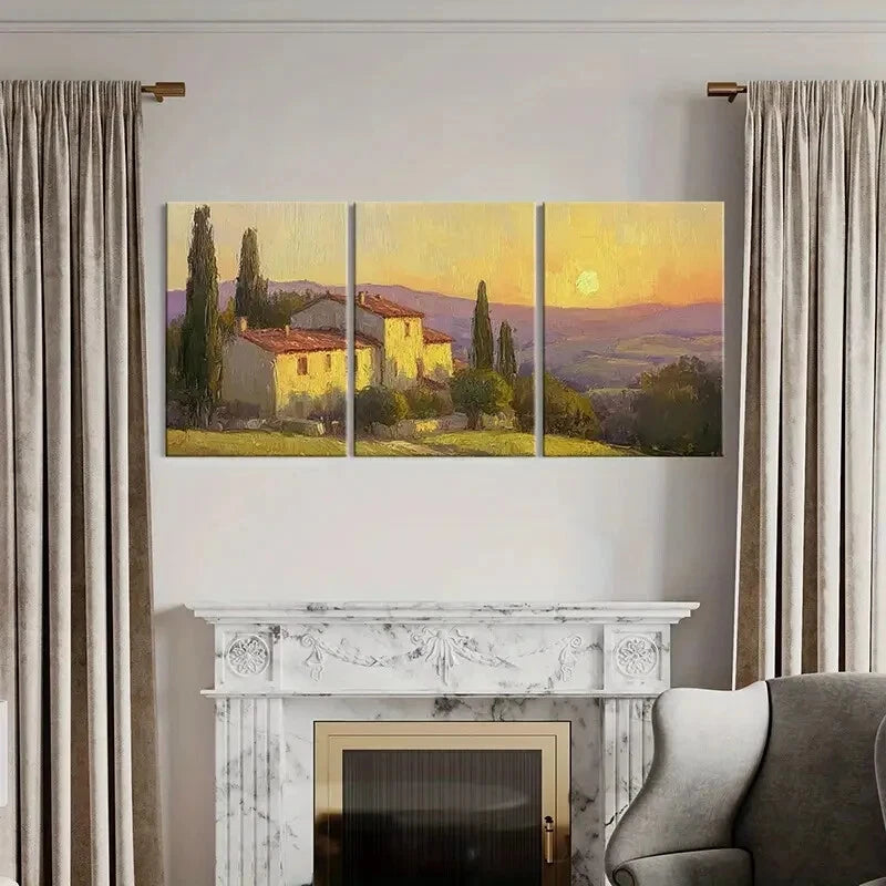 3pcs Tuscan Villa Sunset Landscape Warm Colors Metal Print Ready to Hang Art - Bella Home Decor
