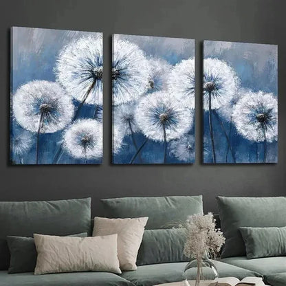 3pcs White Dandelion on Vintage Blue Background Wall Art Canvas Unframed - High Quality Print 100% Australian Made Wall Canvas