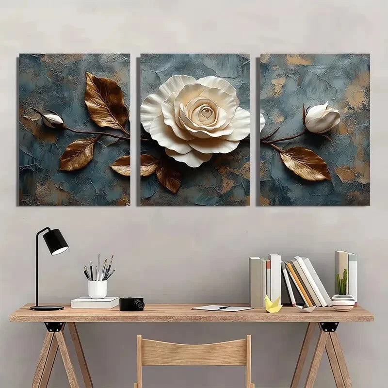 3pcs Modern Beige Flower Golden Leaves & Roses Metal Print Ready to Hang Art - Bella Home Decor