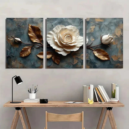 3pcs Modern Beige Flower Golden Leaves & Roses Metal Print Ready to Hang Art - Bella Home Decor