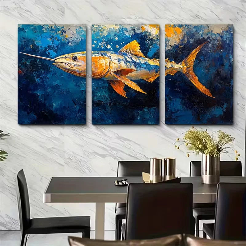 3pcs Swordfish Painting Sea Animals Metal Print Ready to Hang Art