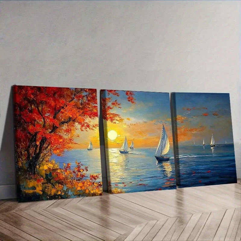 3pcs Serene Sailboat Sunset Scene Vibrant Autumn Wall Art Set Canvas Framed 50x70cm - High Quality Print 100% Australian Made Wall Canvas Ready to Hang